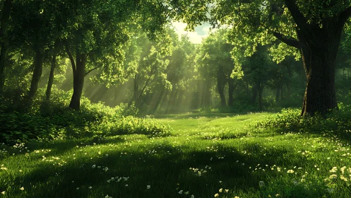 Sun-dappled forest clearing with mature trees and spring meadow flowers
