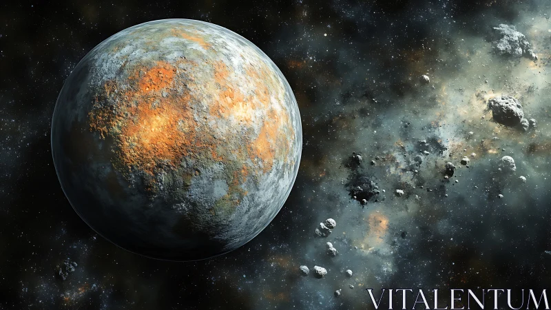 Rust-colored exoplanet orbits within dense asteroid field