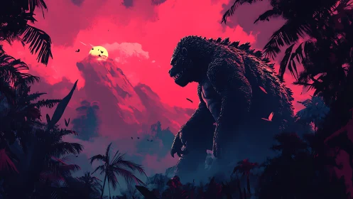 Colossal jungle kaiju under neon volcanic sunset sky.