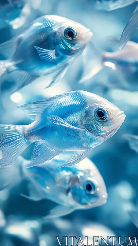 Shimmering blue fish drift through a dream-bright underwater hush.