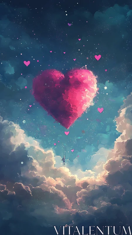 Luminescent Heart Suspended Above Clouds in Celestial Sky