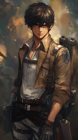 Brooding scout soldier in weathered tactical harness portrait.