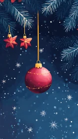 Crimson bauble and star ornaments amid snowy fir branches.