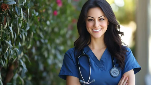 Confident Female Nurse Outdoors in Blue Scrubs, Bright Natural Light.