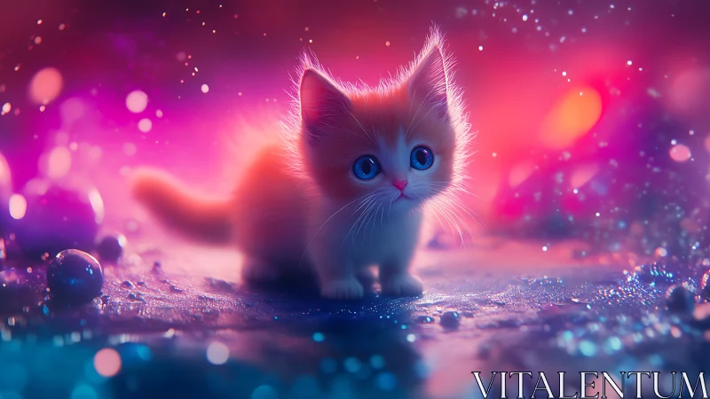 White kitten with blue eyes in neon-lit environment
