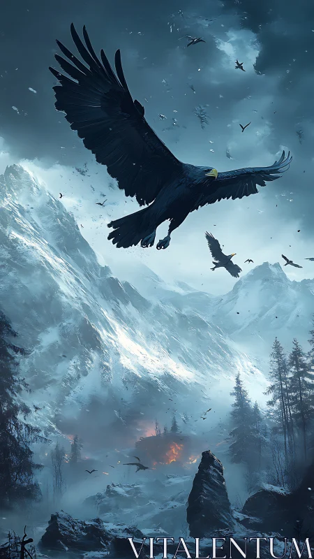 Majestic black eagle soars above glacial valley inferno
