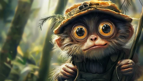 Small jungle creature with gear and oversized eyes in focus.