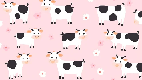 Smiling cartoon cows parade across a rosy spring meadow