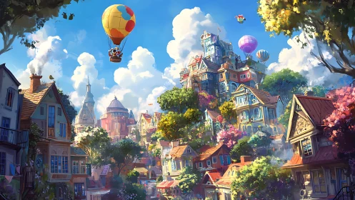 Whimsical hilltop village where hot air balloons daydream.
