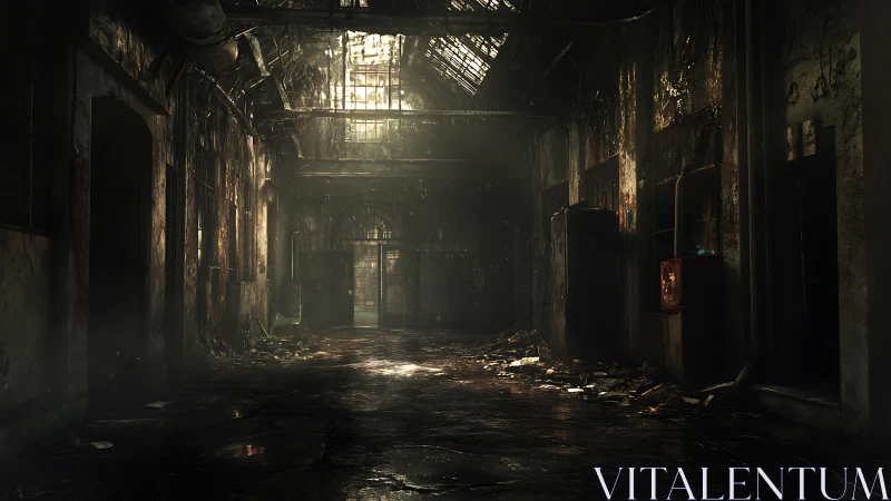 Abandoned industrial corridor glows under broken skylight.