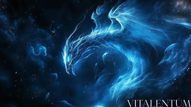 Stellar plasma dragon silhouette formed from luminous blue nebula