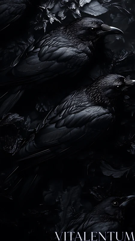 Nocturnal ravens aligned on obsidian foliage backdrop.