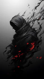 Digital painting of hooded wraith dissolving into scarlet embers.