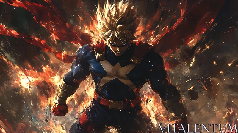 Armored superhero strides through erupting ember storm.