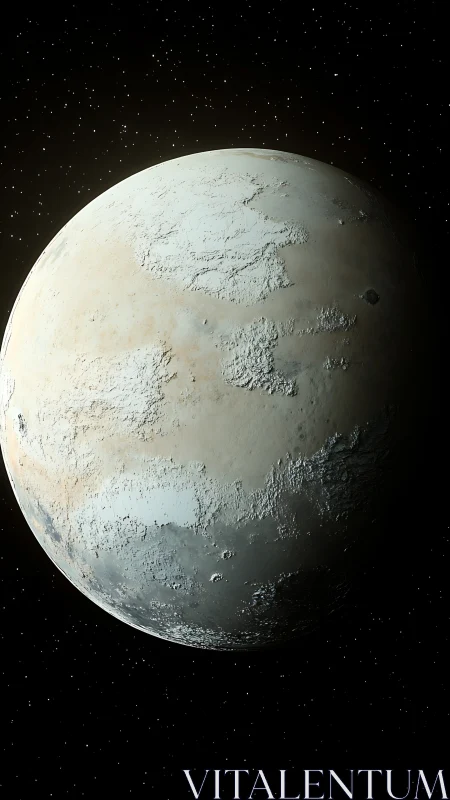 Frozen distant world glowing softly in quiet starlight.