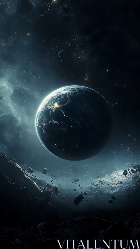 Planetary sphere over fractured asteroid belt in deep space.