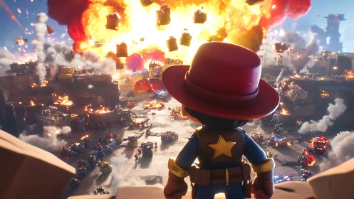 Cartoon sheriff observing explosive battlefield panorama.