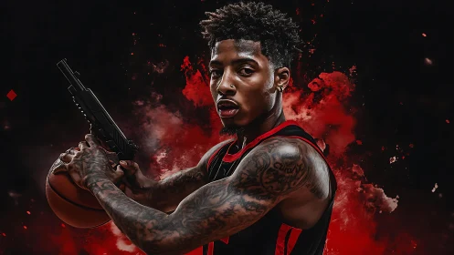 Tattooed basketball guard with weapon in red smoke backdrop