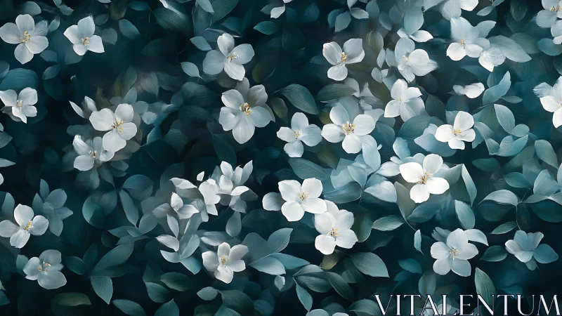 Gentle white blossoms drifting across deep teal leaves.