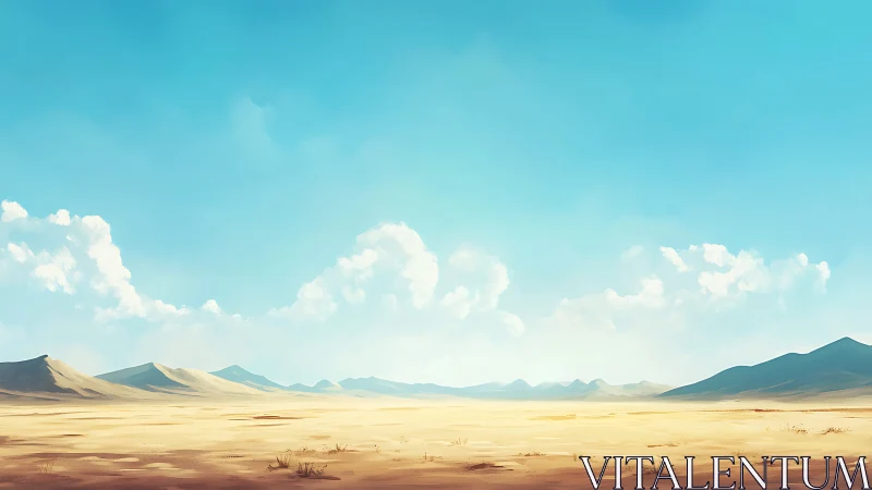 Wide sandy desert plain beneath clear blue daytime sky.