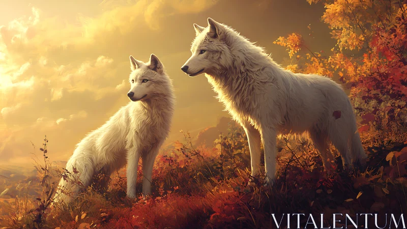 White wolves in golden-hour autumnal digital wilderness scene.