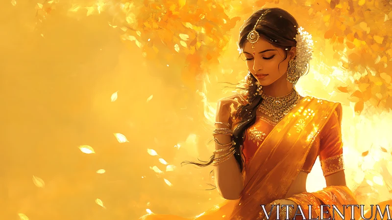 Elegant Indian Woman in Golden Sari Surrounded by Autumn Leaves.