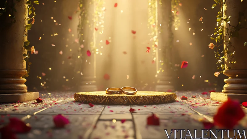 Golden wedding bands on altar under volumetric light beams.