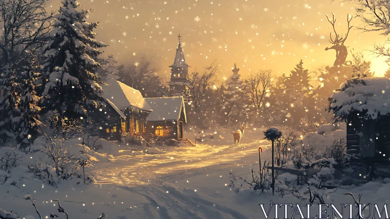 Snowy forest cabins at dusk with deer and antler figure.