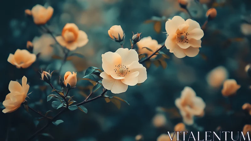 Cream-colored roses bloom with soft depth of field against moody teal backdrop.