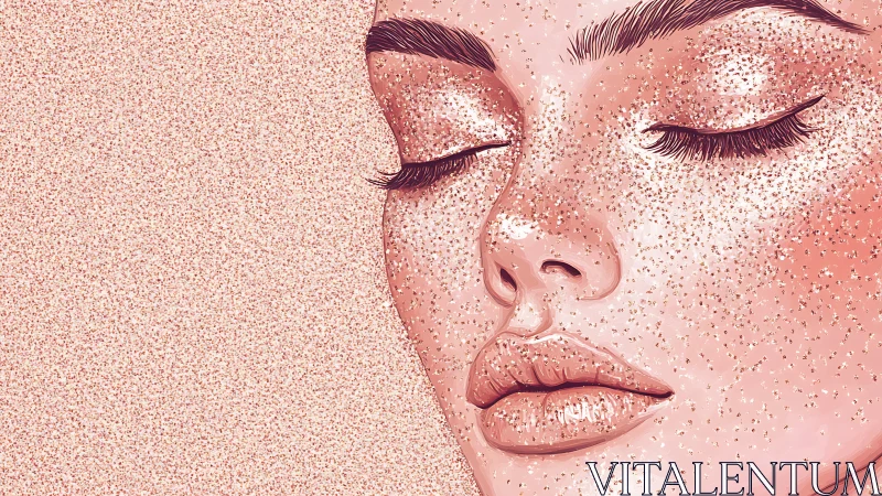 Glitter-dusted serenity drifts across a blushing digital visage