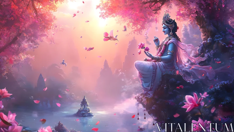 Gentle blue deity resting in a dreamy pink blossom paradise.