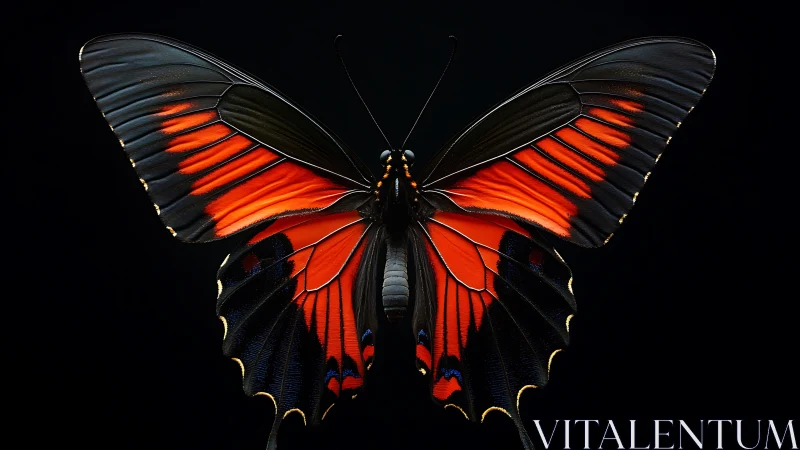 Closeup of black and red butterfly on dark background.