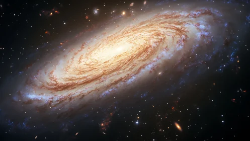 Spiral galaxy glows with luminous core and star clouds.