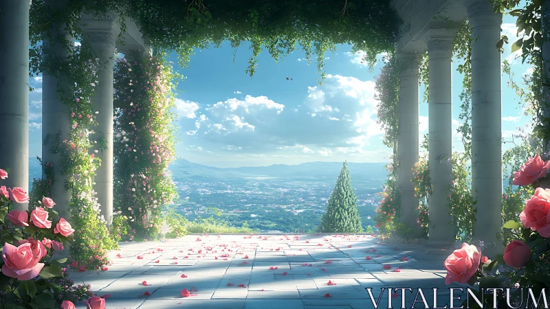Rose-draped hilltop veranda kissing a cloud-bright horizon.