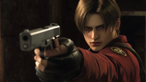 Determined armed character aiming handgun in close focus.