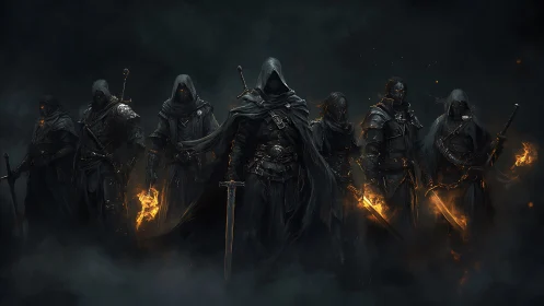 Hooded dark warriors with flaming weapons in formation.
