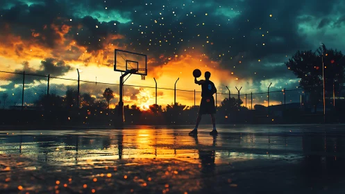 Sunset court silhouette under rainlit reflections.