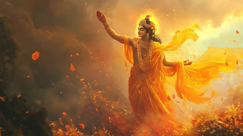 Divine figure in ornate yellow robes amid glowing clouds.
