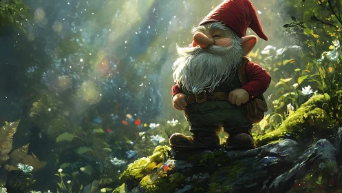 Forest gnome stands on mossy rock in dappled sunlight