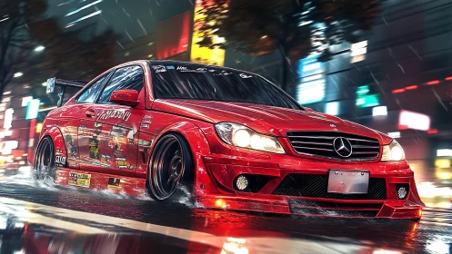 Scarlet street racer slashes through neon soaked midnight rain.
