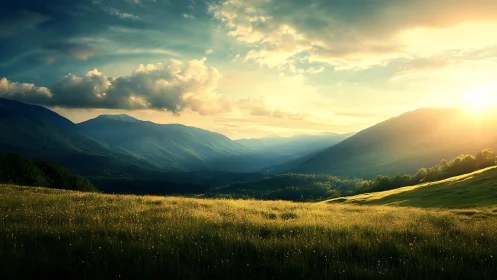 Mountain valley landscape under low sun with cloud cover.