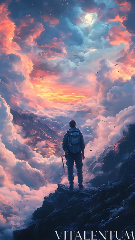 Hiker stands on rocky peak facing luminous cloudscape sky