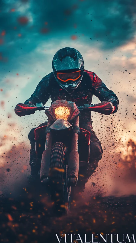 Fearless dirt bike rider kicking up sparks at sunset.