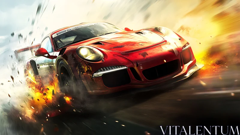 Red race car storms through fire and debris in blazing motion