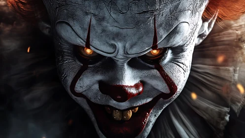 Fiendish carnival grin tightens under ember-lit carnival eyes