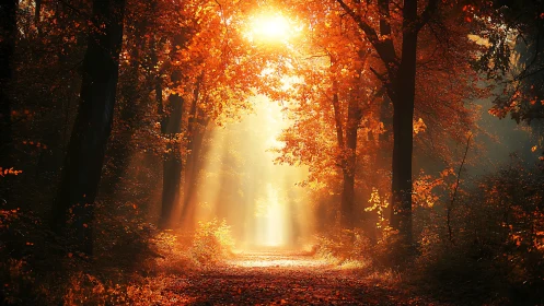 Golden sunrise light through autumn forest pathway.