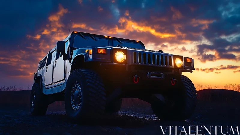 Off-road Hummer SUV powers through rugged land at dusk.