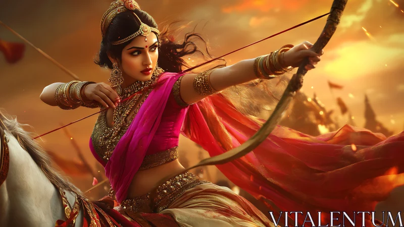 Mounted archer in ornate attire drawing bow at sunset.