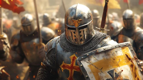 Armored crusader advances through battlefield in dynamic digital art