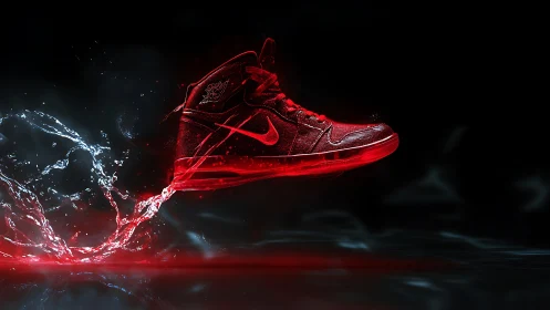 Red high top sneaker in motion with water splash trail.